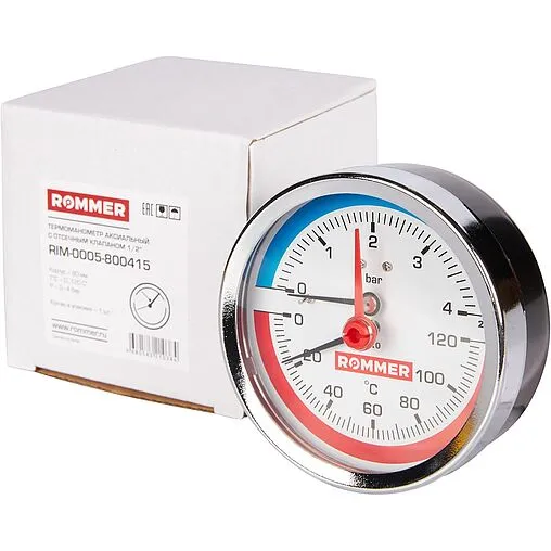 Термоманометр аксиальный Rommer 80мм 4 бар 120°С ½&quot; RIM-0005-800415