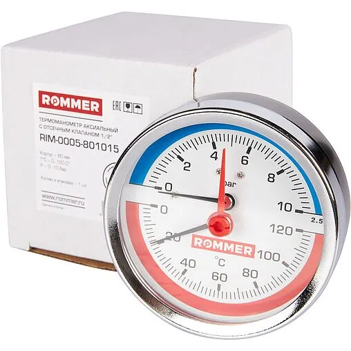 Термоманометр аксиальный Rommer 80мм 10 бар 120°С ½&quot; RIM-0005-801015