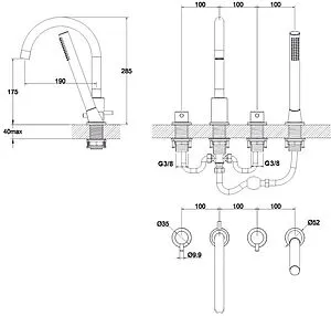 Смеситель на борт ванны на 4 отверстия WHITECROSS Y gold золото Y1232GL Смеситель на борт ванны на 4 отверстия WHITECROSS Y gold золото Y1232GL, 2
