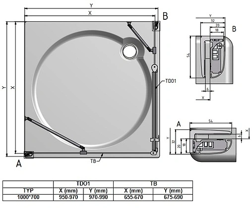 Душевое ограждение 1000x700мм прозрачное стекло Roltechnik Tower Line TDO1+TB/1000*700 724-1000000-00-02+725-7000000-00-02