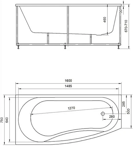 Ванна акриловая Aquatek Пандора 160х75 L с каркасом (разборный) PAN160-0000078