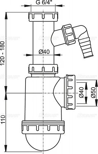 Сифон бутылочный для мойки AlcaPlast A443P-DN50/40