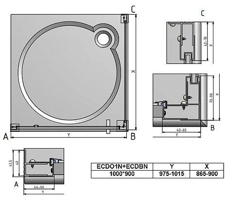 Душевое ограждение 1000x900мм прозрачное стекло Roltechnik Exclusive Line ECDO1N+ECDBN/1000*900 black elox 562-1000000-05-02+563-9000000-05-02