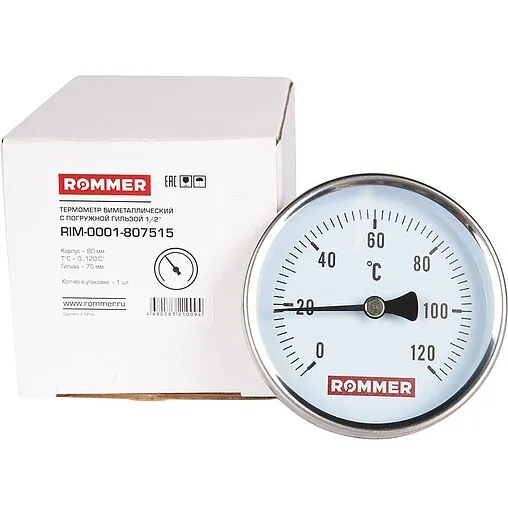 Термометр биметаллический Rommer 80мм 120°С гильза 75мм ½&quot; RIM-0001-807515