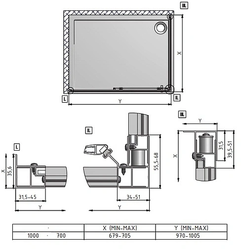 Душевое ограждение 1000x700мм прозрачное стекло Roltechnik Lega Line LLD2+LLB/1000*700 556-1000000-00-02+553-7000000-00-02