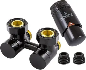 Узел нижнего подключения радиатора угловой с термоголовкой М22x1.5 x ¾"ек (½"н) Schlosser Exclusive черный Ral 9005 601000103 Узел нижнего подключения радиатора угловой с термоголовкой М22x1.5 x ¾"ек (½"н) Schlosser Exclusive черный Ral 9005 601000103, 1