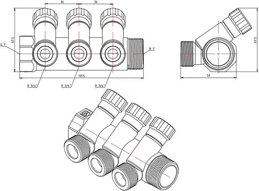 Коллектор регулирующий проходной 3 отвода 1&quot;в/н x ¾&quot;ек Valtec VTc.560.NE.060503