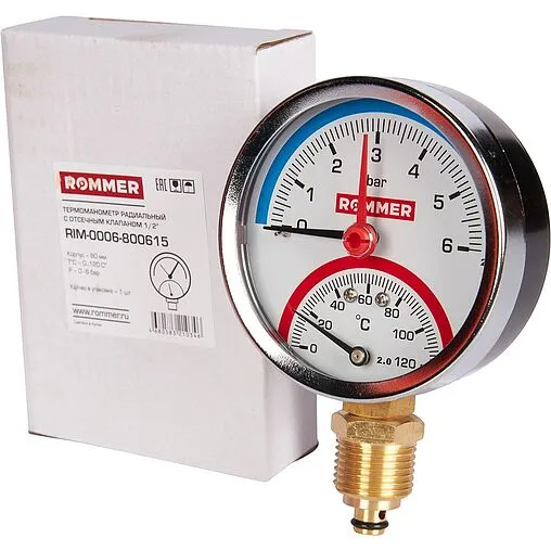 Термоманометр радиальный Rommer 80мм 6 бар 120°С ½&quot; RIM-0006-800615