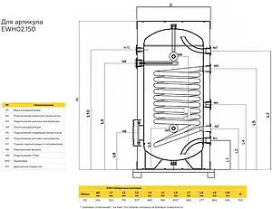 Бойлер косвенного нагрева с возможностью установки ТЭНа Elsen ELEGANCE 150 LT (46 кВт) EWH02.150 Бойлер косвенного нагрева с возможностью установки ТЭНа Elsen ELEGANCE 150 LT (46 кВт) EWH02.150, 2