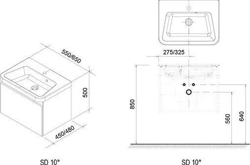 Тумба-умывальник подвесная Ravak 10° SD 55 тёмный орех/белый X000000735+XJI01155000