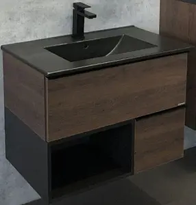 Тумба-умывальник подвесная Comforty Франкфурт 75 дуб шоколадно-коричневый/чёрный 00-00000889CF, 1