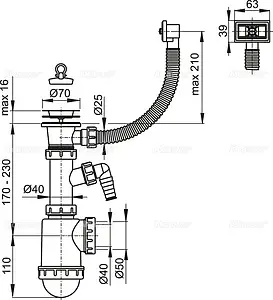 Сифон бутылочный для мойки с переливом AlcaPlast A444P-DN50/40 Сифон бутылочный для мойки с переливом AlcaPlast A444P-DN50/40, 2