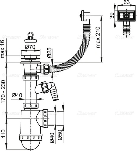 Сифон бутылочный для мойки с переливом AlcaPlast A444P-DN50/40 Сифон бутылочный для мойки с переливом AlcaPlast A444P-DN50/40