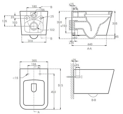 Унитаз подвесной безободковый Hansmann keramik Kvadro Dark Grey темно-серый УНИ0018