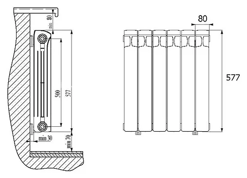 Радиатор биметаллический 8 секций нижнее правое подключение Rifar Monolit Ventil 500 белый RMVR50008