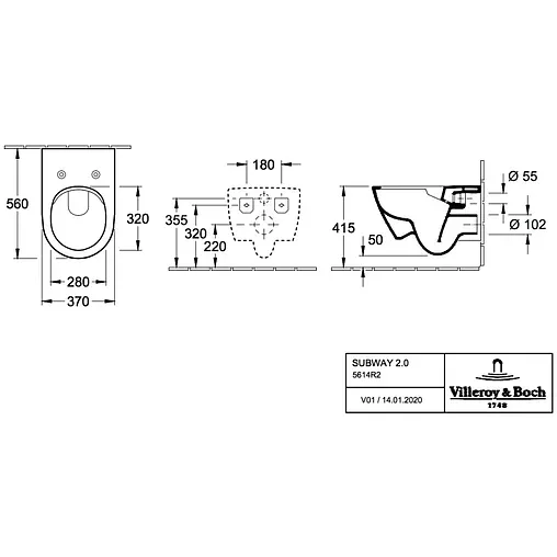 Унитаз подвесной безободковый Villeroy&amp;Boch Subway 2.0 CeramicPlus белый 5614R2R1
