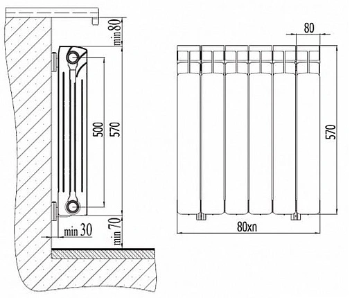 Радиатор биметаллический 11 секций нижнее правое подключение Rifar Base Ventil 500 RBVR50011
