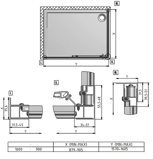 Душевое ограждение 1600x900мм прозрачное стекло Roltechnik Lega Line LLD2+LLB/1600*900 556-1600000-00-02+553-9000000-00-02