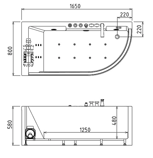 Ванна акриловая с гидромассажем Gemy 165x80 L G9227 E L