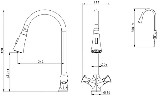Смеситель для кухни с выдвижным изливом D&amp;K Hessen Grimm хром DA1382501