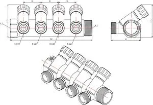 Коллектор регулирующий проходной 4 отвода 1&quot;в/н x ½&quot;к Valtec VTc.560.N.0604, 2
