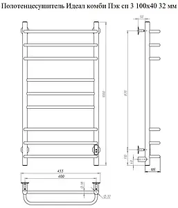 Полотенцесушитель электрический лесенка Тругор Идеал комби Пэк сп 3 100х40 32 мм полированная сталь Полотенцесушитель электрический лесенка Тругор Идеал комби Пэк сп 3 100х40 32 мм полированная сталь, 2