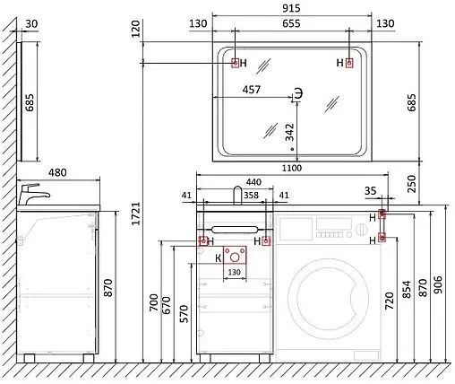 Тумба под умывальник напольная над стиральной машиной Raval Forte 110 L белый For.01.110.L/N/W