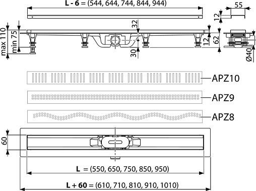 Лоток душевой Set 650мм h=62мм 0.46л/сек AlcaPlast APZ10-650M Simple Лоток душевой Set 650мм h=62мм 0.46л/сек AlcaPlast APZ10-650M Simple