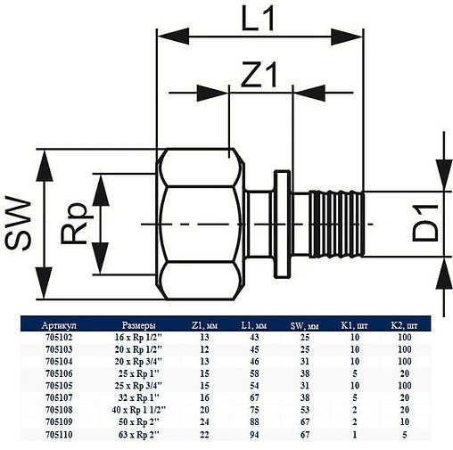 Муфта аксиальная переходная 25мм x ¾&quot;в TECEflex 705105