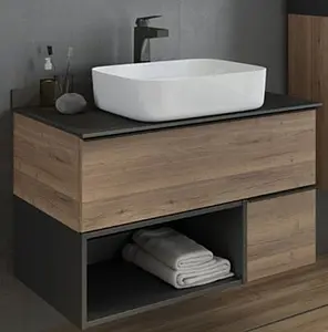 Тумба-умывальник подвесная Comforty Штутгарт 90 дуб тёмно-коричневый/чёрный 00-00002868CF, 1
