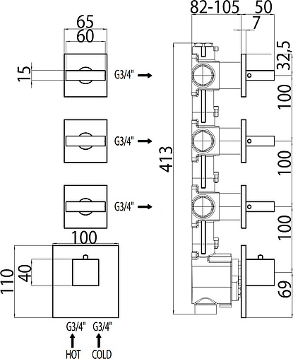 Термостат для 3 потребителей Bossini Rectangular хром Z033205.030