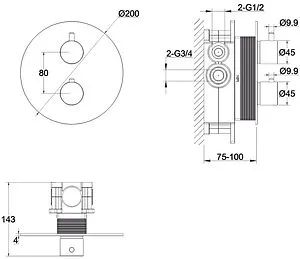 Термостат для 2 потребителей WHITECROSS Y black чёрный матовый Y1236BL, 2