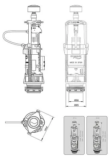 Комплект арматуры для бачка двухрежимный ½" латунь нижний Idrospania 56603
