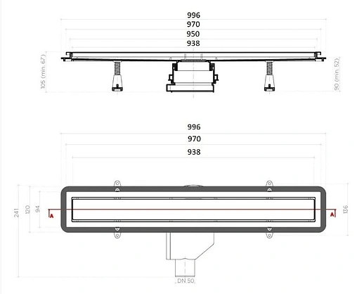 Лоток душевой Set 950мм h=52мм 0.8л/сек Pestan Confluo Premium Gold Black Glass Line 950 13100125