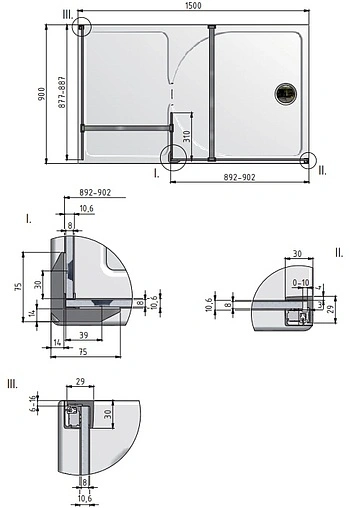Душевое ограждение 1500мм прозрачное стекло Roltechnik Walk WALK I/1500 942-1500000-00-02