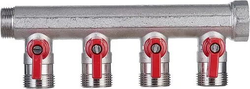 Коллектор запорный проходной 4 отвода красный ¾&quot;в/н x ¾&quot;ек Henco VB050504-ROOD