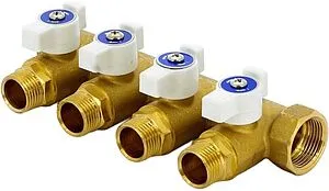 Коллектор запорный проходной 4 отвода ¾"в/н x ½"н Uni-fitt 420G3240 Коллектор запорный проходной 4 отвода ¾"в/н x ½"н Uni-fitt 420G3240, 1