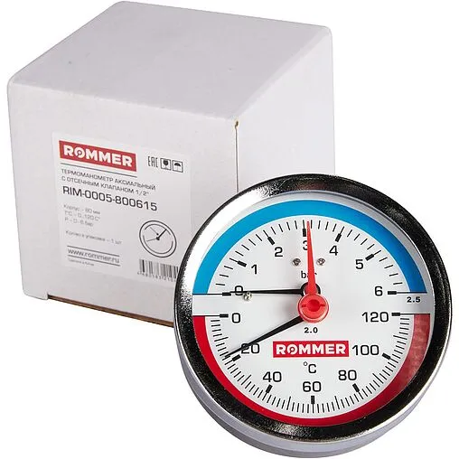 Термоманометр аксиальный Rommer 80мм 6 бар 120°С ½&quot; RIM-0005-800615