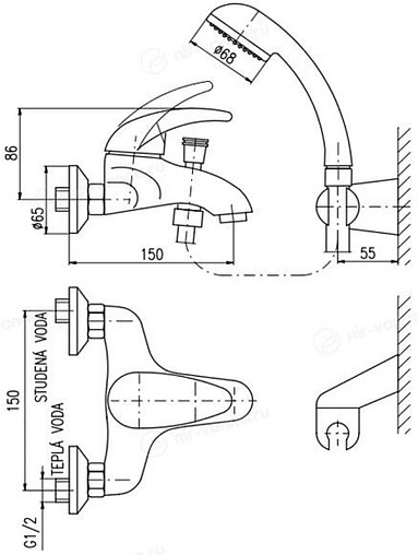 Смеситель на борт ванны на 3 отверстия Rav Slezak Dunaj хром D454.5/2