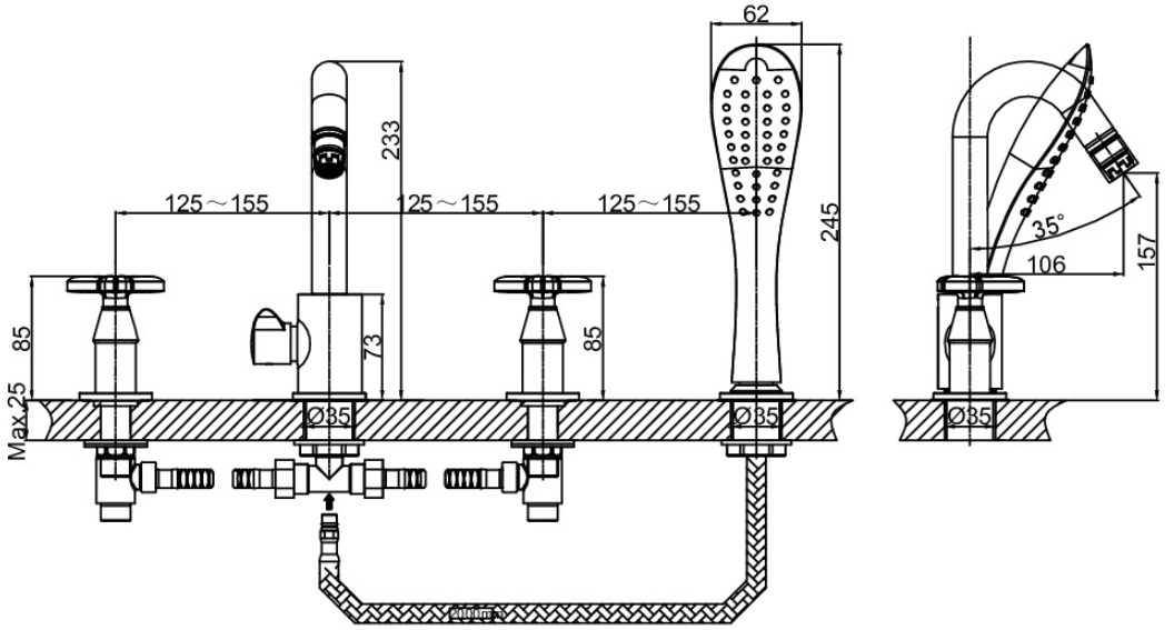 Смеситель на борт ванны на 4 отверстия D&amp;K Hessen Goethe хром DA1384941