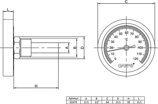 Термометр биметаллический Gappo 63мм 120°С гильза 50мм ½&quot; G1474