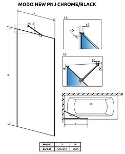 Шторка на ванну 900мм прозрачное стекло Radaway Modo PNJ 90 10006090-01-01, 2