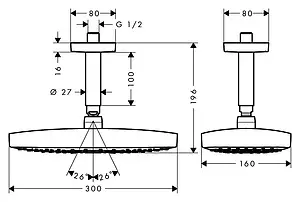 Лейка верхнего душа с потолочным креплением Hansgrohe Raindance Select E 300 2jet хром 27384000 Лейка верхнего душа с потолочным креплением Hansgrohe Raindance Select E 300 2jet хром 27384000, 2