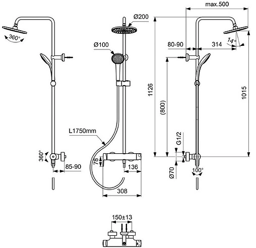 Душевая система со смесителем для ванны Ideal Standard Cerafine O чёрный матовый BC750XG
