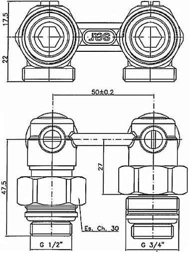 Узел нижнего подключения радиатора угловой ¾&quot;ек x ¾&quot;ек (½&quot;н) Comap 965204-AF