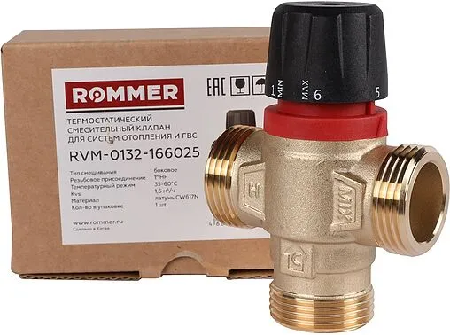Трехходовой термостатический смесительный клапан 1&quot; +35...+60°С Kvs 1.6 Rommer RVM-0132-166025
