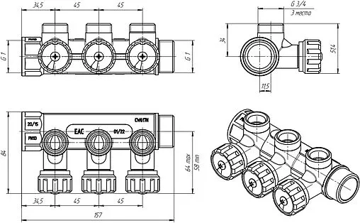 Коллектор регулирующий проходной 3 отвода 1&quot;в/н x ¾&quot;ек Valtec VTc.570.NE.0603