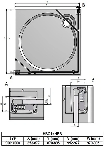 Душевое ограждение 900x1000мм прозрачное стекло Roltechnik Hitech Line HBO1+HBB/900*1000 284-9000000-06-02+286-1000000-06-02