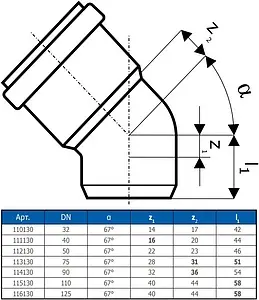 Отвод внутренний D=40мм Угол 67° Ostendorf HTB 111130, 2