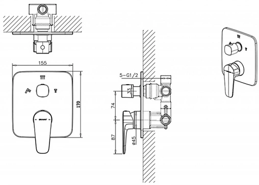 Смеситель для ванны скрытого монтажа Bravat Source чёрный матовый PB8173218BW-3-ENG